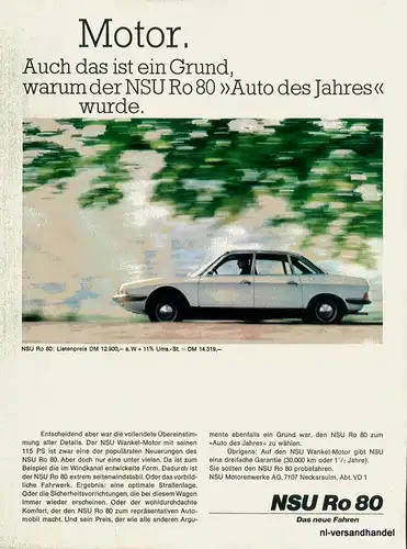 NSU-RO-80-MOTOR-´68-Reklame-Werbung-genuine Advert-La publicité-nl-Versandhandel