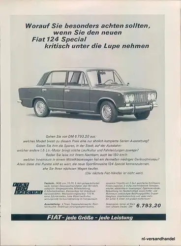 Fiat-124-Special-69-Reklame-Werbung-genuine Advert-La publicité-nl-Versandhandel