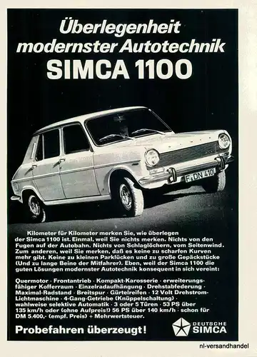 SIMCA-1100-AUTO-´68-Reklame-Werbung-genuine Advert-La publicité-nl-Versandhandel