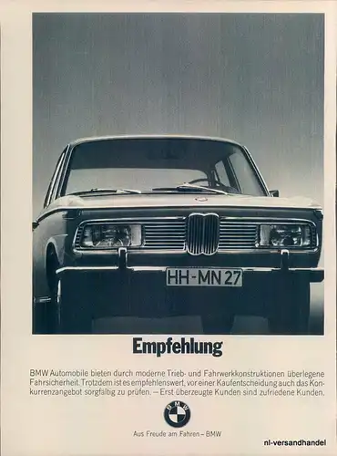 BMW-2000-1969-Reklame-Werbung-genuine Advert-La publicité-nl-Versandhandel