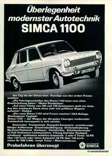 SIMCA-1100-56PS-´68-Reklame-Werbung-genuine Advert-La publicité-nl-Versandhandel