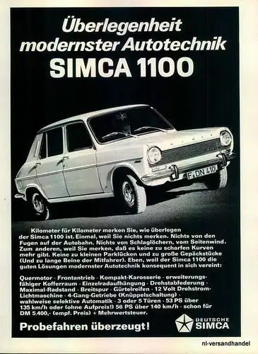 SIMCA-1100-53PS-´68-Reklame-Werbung-genuine Advert-La publicité-nl-Versandhandel