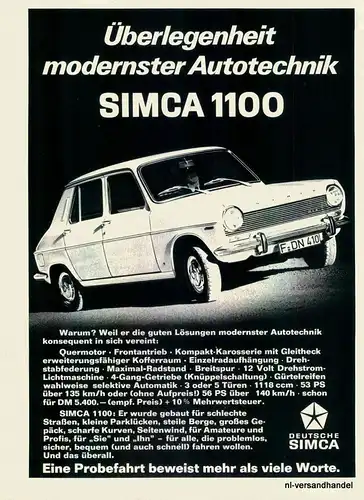 SIMCA-1100-1968-Reklame-Werbung-genuine Advert-La publicité-nl-Versandhandel