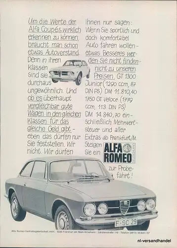 Alfa-Romeo-GTV-1969-Reklame-Werbung-genuine Advert-La publicité-nl-Versandhandel