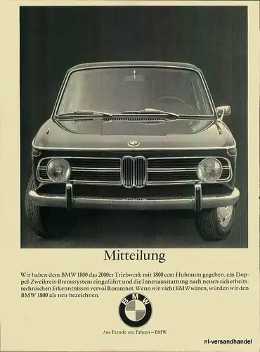 BMW-1800-1968-Reklame-Werbung-genuine Ad-La publicité-nl-Versandhandel
