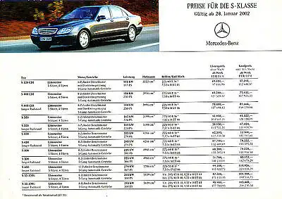 Mercedes-Benz - S - Klasse  -  Preisliste 01/02 -           nl-Versandhandel