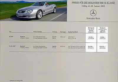 Mercedes-Benz - SL- Roadster  - Klasse  -  Preisliste 01/02 - nl-Versandhandel