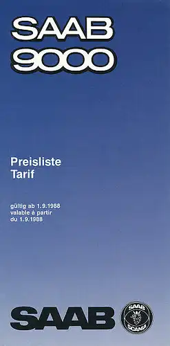 Saab - 9000 - Preisliste  - 09/1988 - Deutsch - nl-Versandhandel