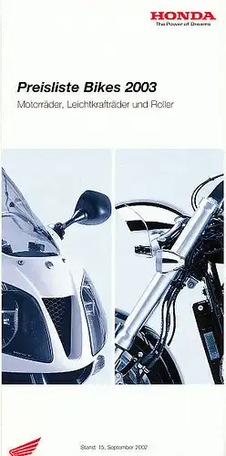 Honda - Motorrad-Programm - Preisliste - 2003 - Deutsch - nl-Versandhandel