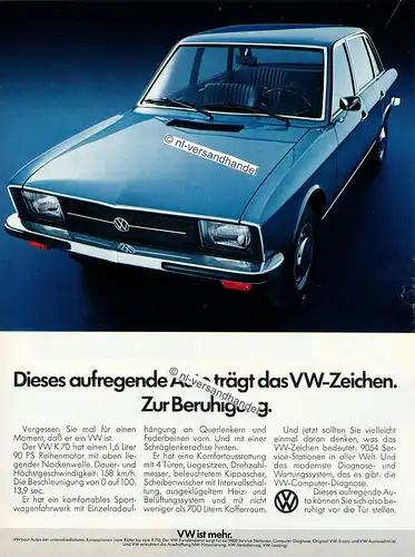 VW-K70-1972-Reklame-Werbung-genuine Advertising - nl-Versandhandel 