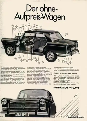 PEUGEOT-404-76PS-1968-Reklame-Werbung-genuine Advert-La publicité-nl-Versand