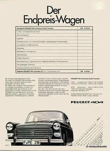 PEUGEOT-404-GT-1968-Reklame-Werbung-genuine Advert-La publicité-nl-Versand