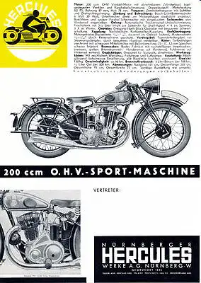 Hercules - 200 ccm Motorrad - Prospekt - 1935  - Deutsch -  nl-Versandhandel