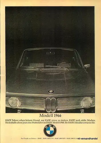 BMW-1800TI-1965-Reklame-Werbung-genuine Ad-La publicité-nl-Versandhandel