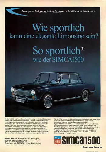 SIMCA-1500-1965-Reklame-Werbung-genuine Ad-La publicité-nl-Versandhandel