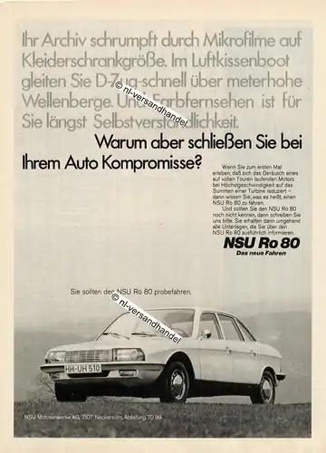 NSU-Ro80-1969-Reklame-Werbung-genuine Advertising - nl-Versandhandel