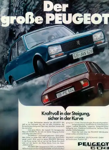 PEUGEOT-504-VERGASER-1971-Reklame-Werbung-genuine Advert-La publicité-nl-Versand