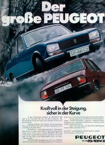 PEUGEOT-504-MODELL-1971-Reklame-Werbung-genuine Advert-La publicité-nl-Versand