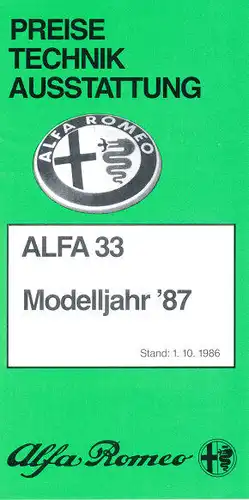 Alfa Romeo - 33 - 33 Giardinetta - Qudrifoglio Verde - Preisblatt - 01.10.1986