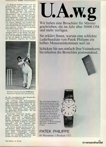 PATEK PHILIPPE-1968-Reklame-Werbung-genuine Advert-La publicité-nl-Versandhandel