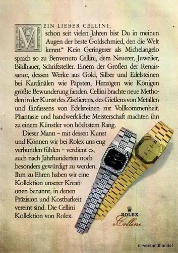 ROLEX-CELLINI-1980-Reklame-Werbung-genuine Ad-La publicité-nl-Versandhandel