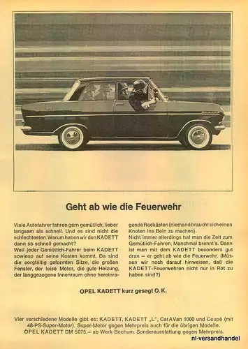OPEL-KADETT-1965-Reklame-Werbung-genuine Ad-La publicité-nl-Versandhandel