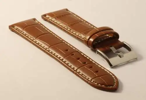 Uhrenarmband-Kroko-24mm-Braun-Kontrastnaht-Croco-Grain-Tan-Contrast-Stitching