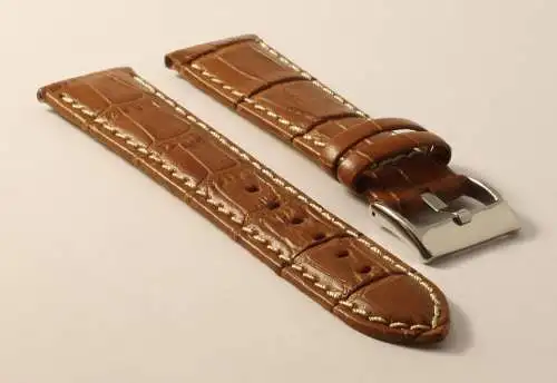 Uhrenarmband-Krokodil-Braun-Kontrastnaht-22mm-Croco-Grain-Tan-Contrast-Stitching
