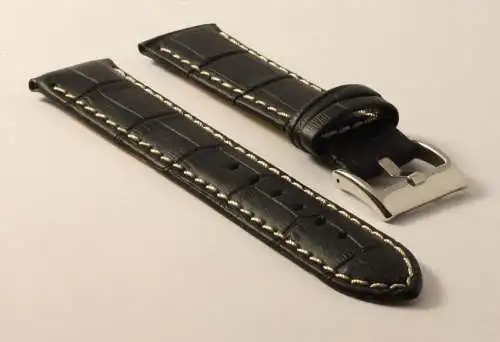 Uhrenarmband-Kroko-Schwarz-Kontrastnaht-22mm-CrocoGrain-Black-ContrastStitching