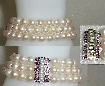 Perlen-Armband 3-Reihig 585er Goldverschluß mit Perlen und Rubinen (da4152)