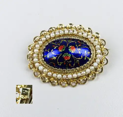 Brosche aus 750er Gold mit toller Emaille und Perlen (da4569)