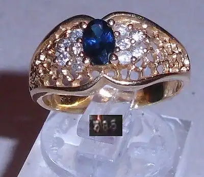 Ring aus 585er Gold mit Saphir und 10 Diamanten, Gr. 55, Ø  17,5 mm (da3768)