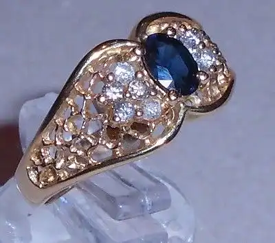 Ring aus 585er Gold mit Saphir und 10 Diamanten, Gr. 55, Ø  17,5 mm (da3768)