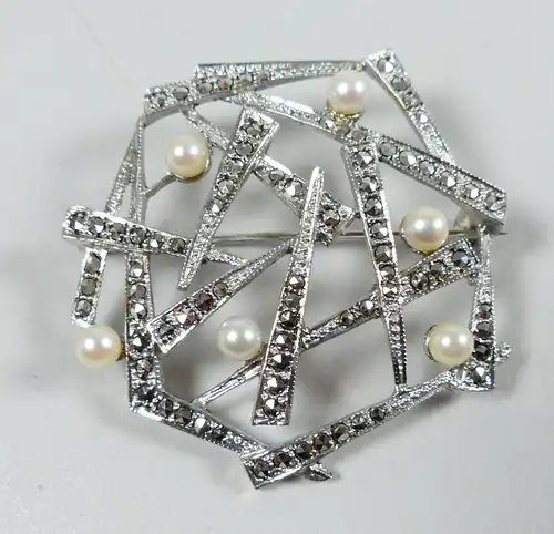 wunderschöne Brosche aus 800 Silber mit Perlen und Markasiten um 1925   (da5335)