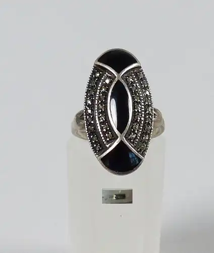 Art Déco Ring aus 925er Silber m. Onyx u. Markasiten Gr. 56/Ø 17,8 mm  (da4846)