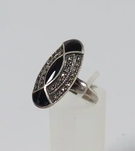 Art Déco Ring aus 925er Silber m. Onyx u. Markasiten Gr. 56/Ø 17,8 mm  (da4846)