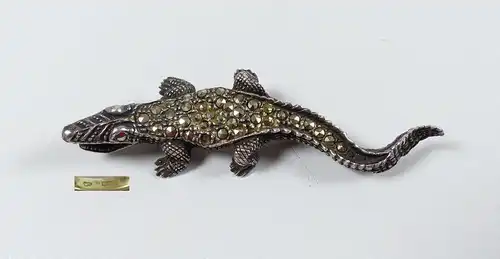 Antike Krokodil-Brosche aus 835er Silber mit Markasiten    (da4824)