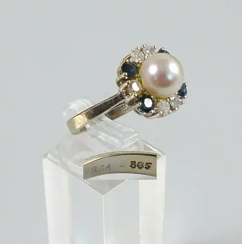 Diamant Ring aus 585 Weißgold mit Perle und Saphiren, Gr. 58/Ø 18,4 mm  (da5625)