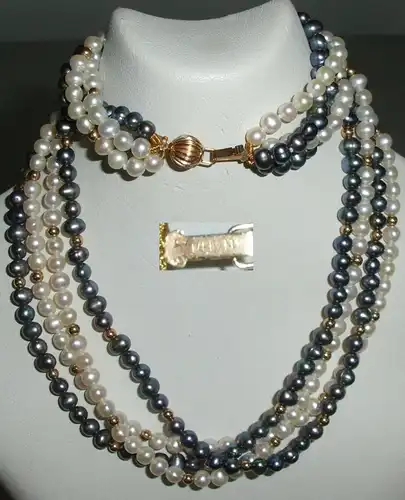Vierreihige Perlenkette mit versch. Perlen und Goldperlen Schloß 14 K (da4228)