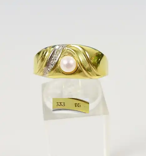 Ring aus 333 Gold mit Perle und winzigem Diamant, Gr. 64/Ø 20,3 mm  (da5980)