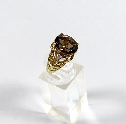 Ring  aus 925 Silber vergoldet mit Rauchquarz und 2 kleinen Zirkonia  Größe 56
