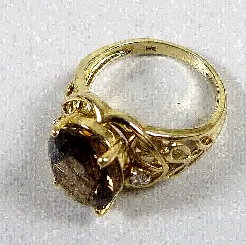Ring  aus 925 Silber vergoldet mit Rauchquarz und 2 kleinen Zirkonia  Größe 56