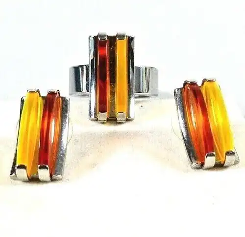 Set Ohrringe Stecker und Ring aus Edelstahl mit Bernsteinfarbenen Stein