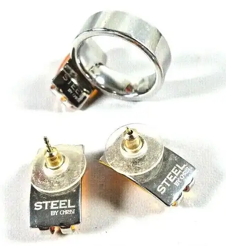 Set Ohrringe Stecker und Ring aus Edelstahl mit Bernsteinfarbenen Stein