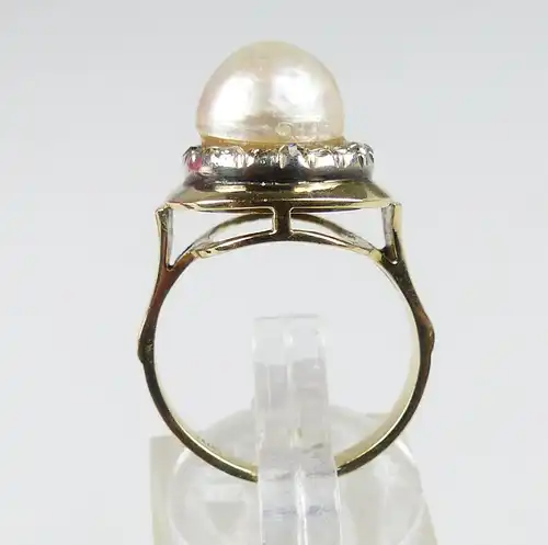 Ring aus 585er Gold mit Diamantrosen und Barockperle, Gr. 50/Ø 15,9 mm  (da4571)