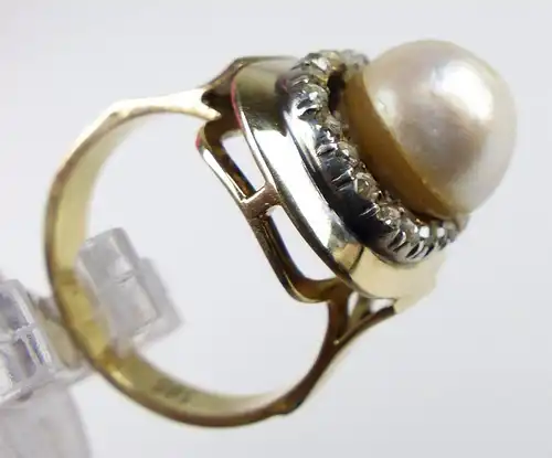 Ring aus 585er Gold mit Diamantrosen und Barockperle, Gr. 50/Ø 15,9 mm  (da4571)