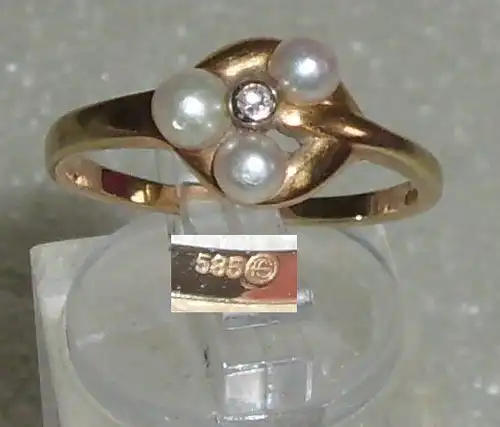 Ring aus 585er Gold mit Perlen und Diamant, Gr. 56, Ø 17,8 mm (da3574)
