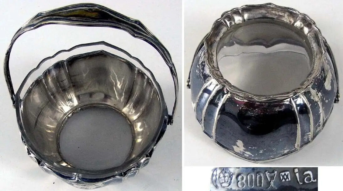 Alter Silberkorb mit original Glaseinsatz in 800 Silber 1