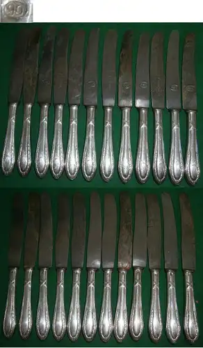 12 alte Dessert-Messer 90 und 60 Silberauflage mit Monogramm "LH" oder "HL"