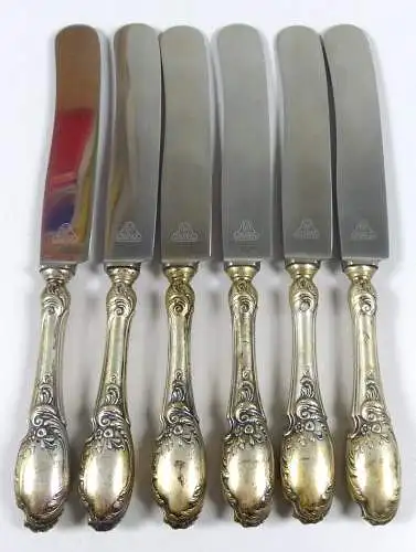 6 schwere alte Gründerzeit Messer mit Griffen aus 800 Silber Bruckmann & Söhne